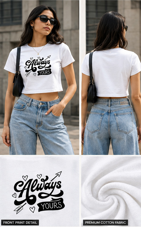Always Yours Baby Tee lifestyle front, back and print detail