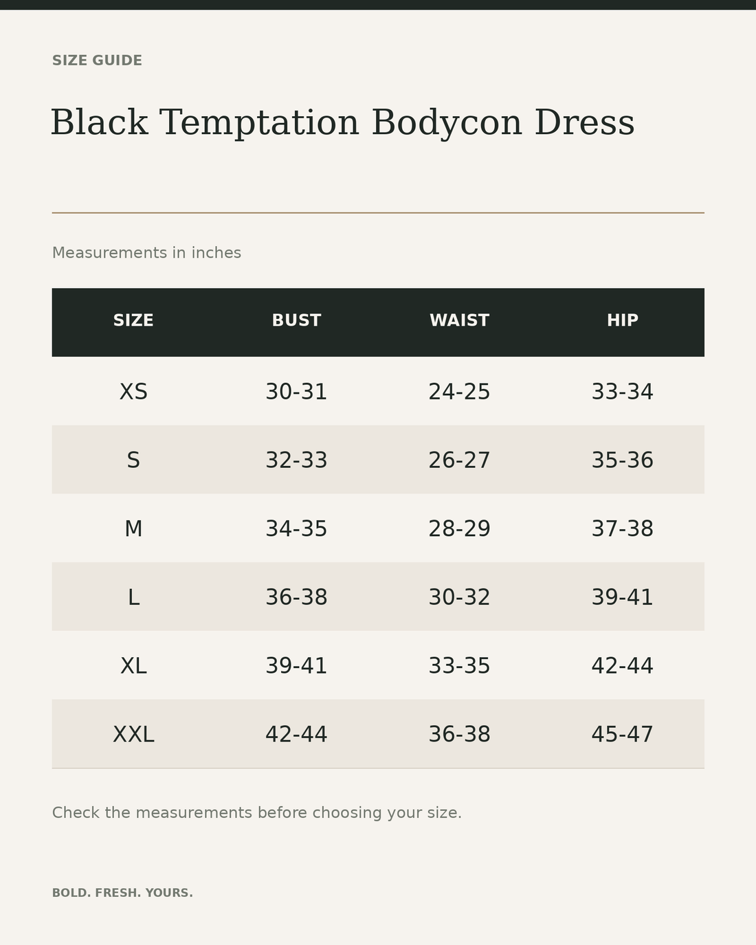 Black Temptation Bodycon Dress — size guide in inches, measurements from product listing