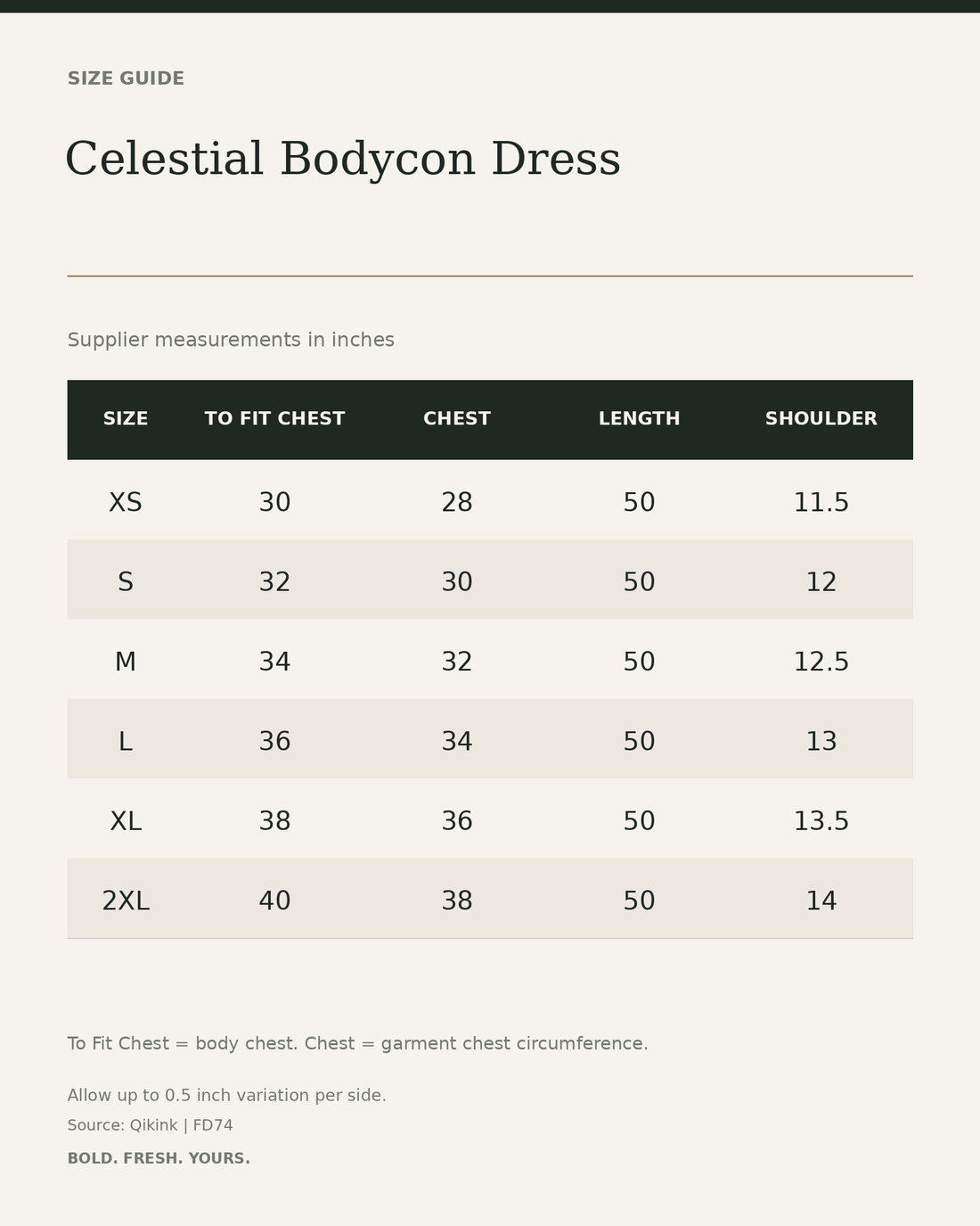 Celestial Bodycon Dress — size guide in inches from official Qikink garment chart