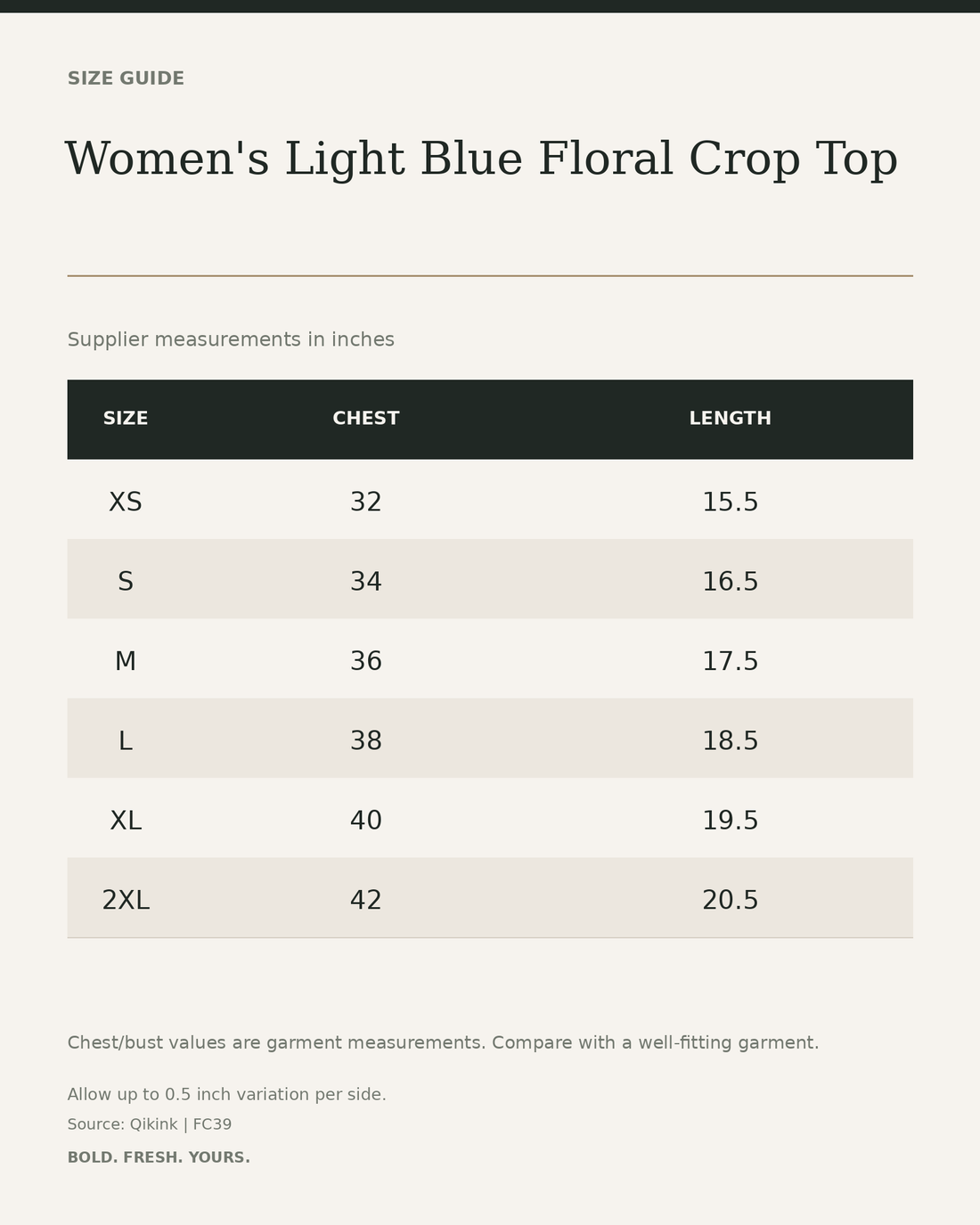 Women's Light Blue Floral Crop Top — size guide in inches from official Qikink garment chart