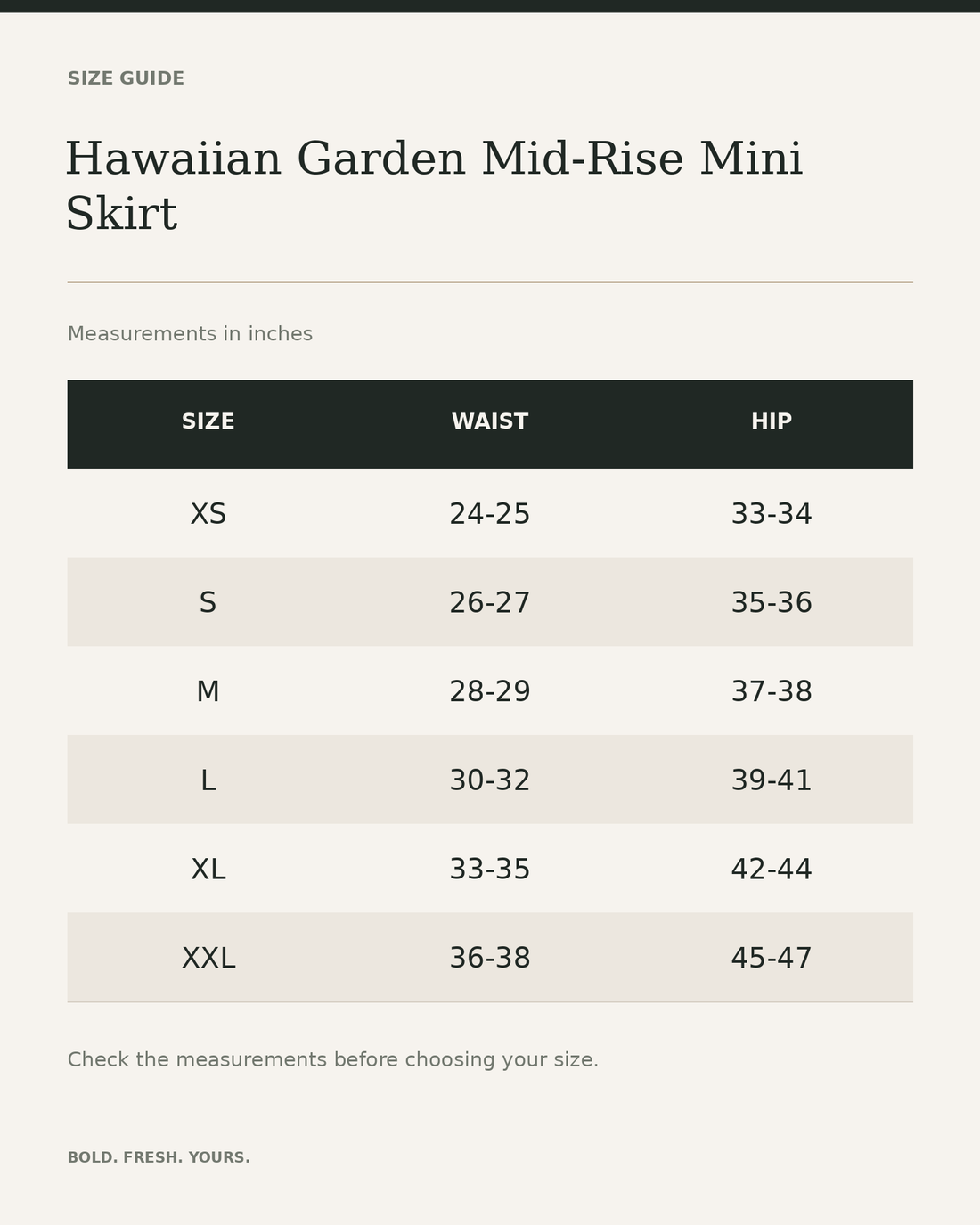 Hawaiian Garden Mid-Rise Mini Skirt – Premium All-Over Print Summer Aesthetic Skirt — size guide in inches, measurements from product listing