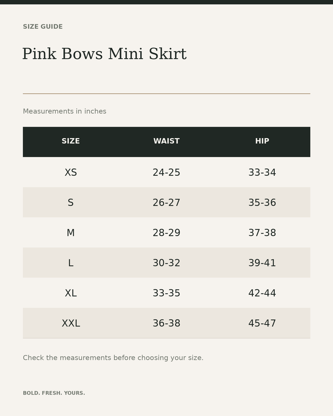 Pink Bows Mini Skirt — All-Over Print Elastic Waist Skirt — size guide in inches, measurements from product listing