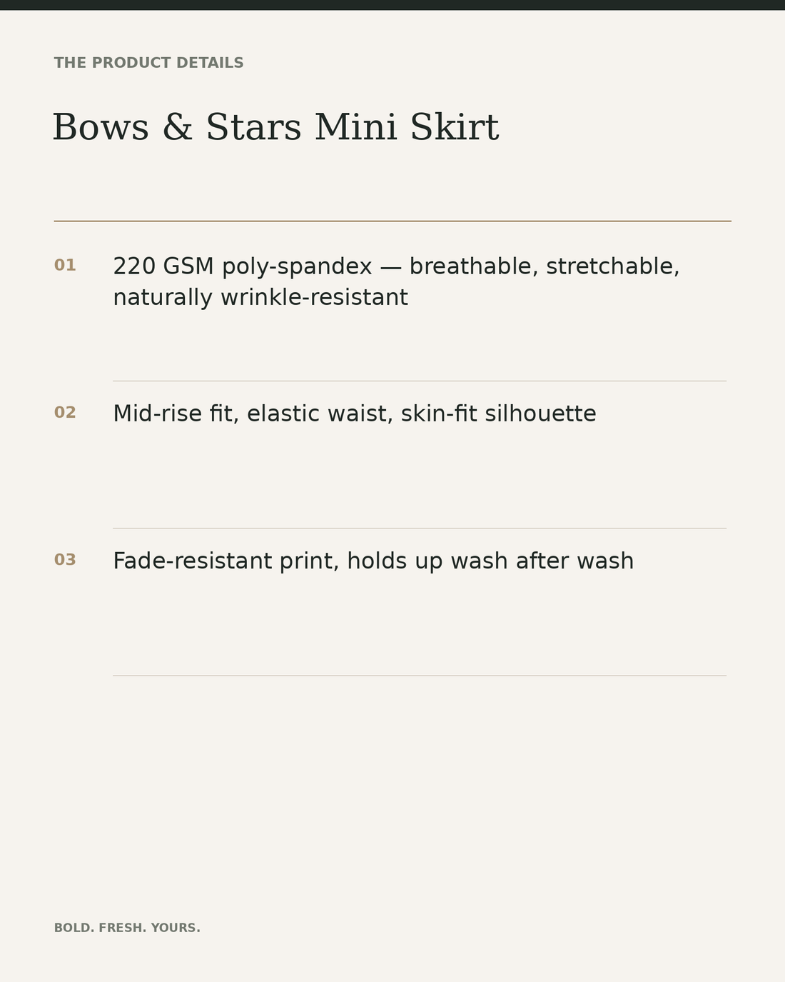 Bows & Stars Mini Skirt — All-Over Print Elastic Waist Skirt — product details, fabric, fit and care