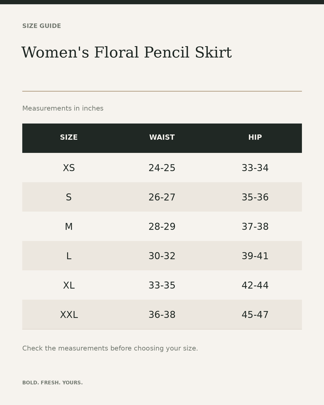 Women's Floral Pencil Skirt — size guide in inches, measurements from product listing