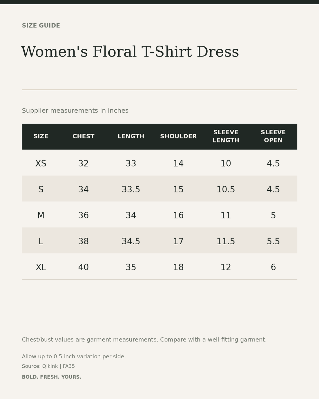 Women's Floral T-Shirt Dress — size guide in inches from official Qikink garment chart
