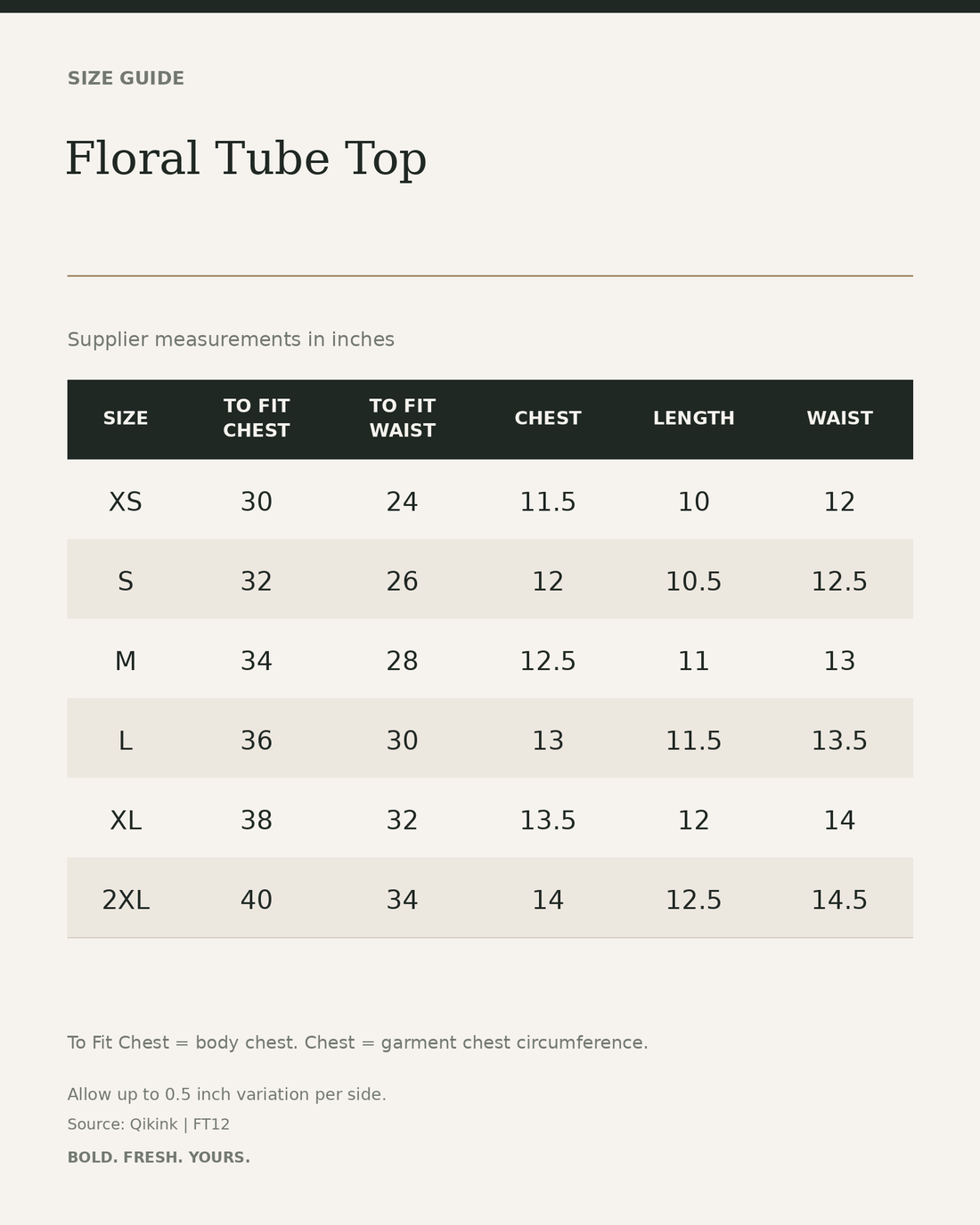 Floral Tube Top — size guide in inches from official Qikink garment chart