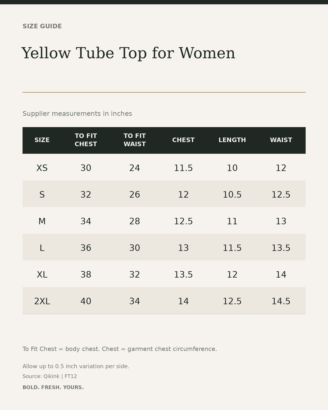 Yellow Tube Top for Women — size guide in inches from official Qikink garment chart
