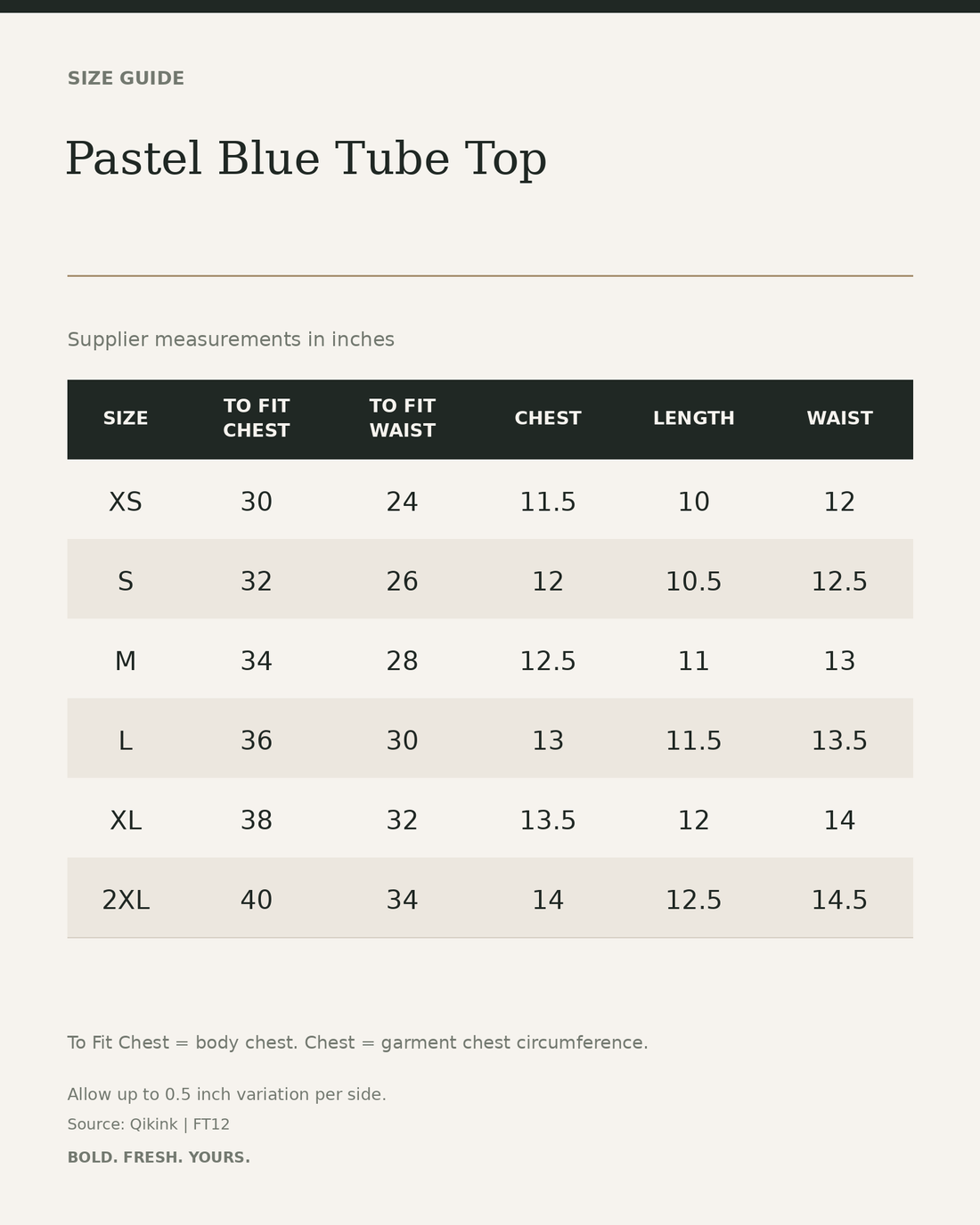 Pastel Blue Tube Top — size guide in inches from official Qikink garment chart