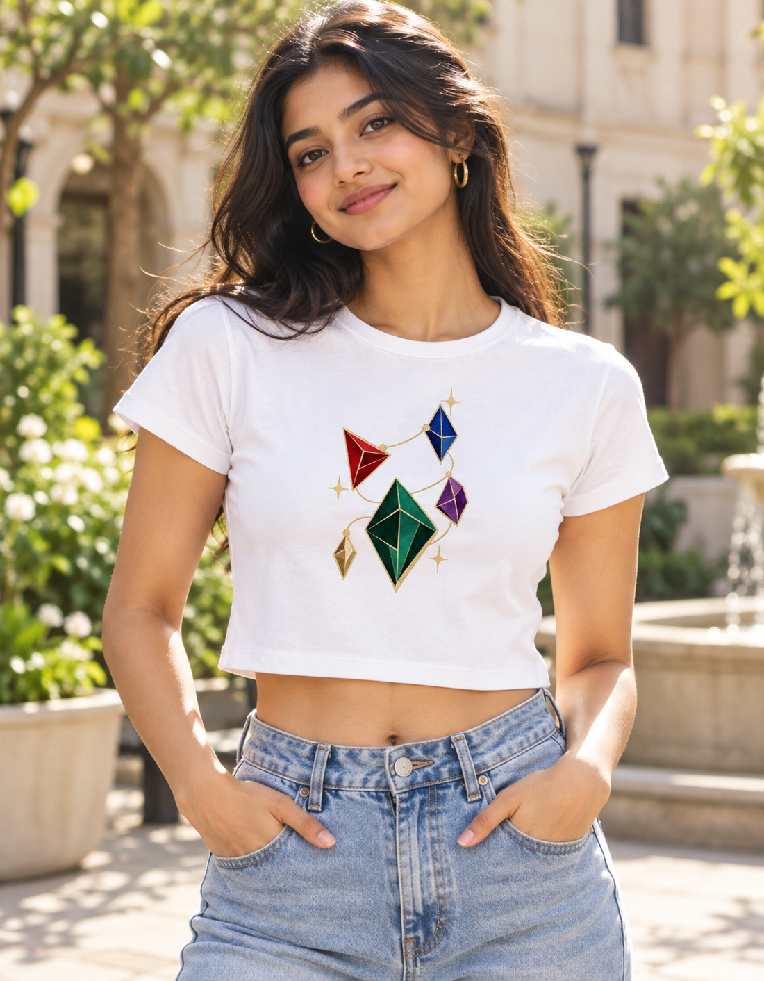 Lifestyle photo showing Baby Tee 13 worn by a model