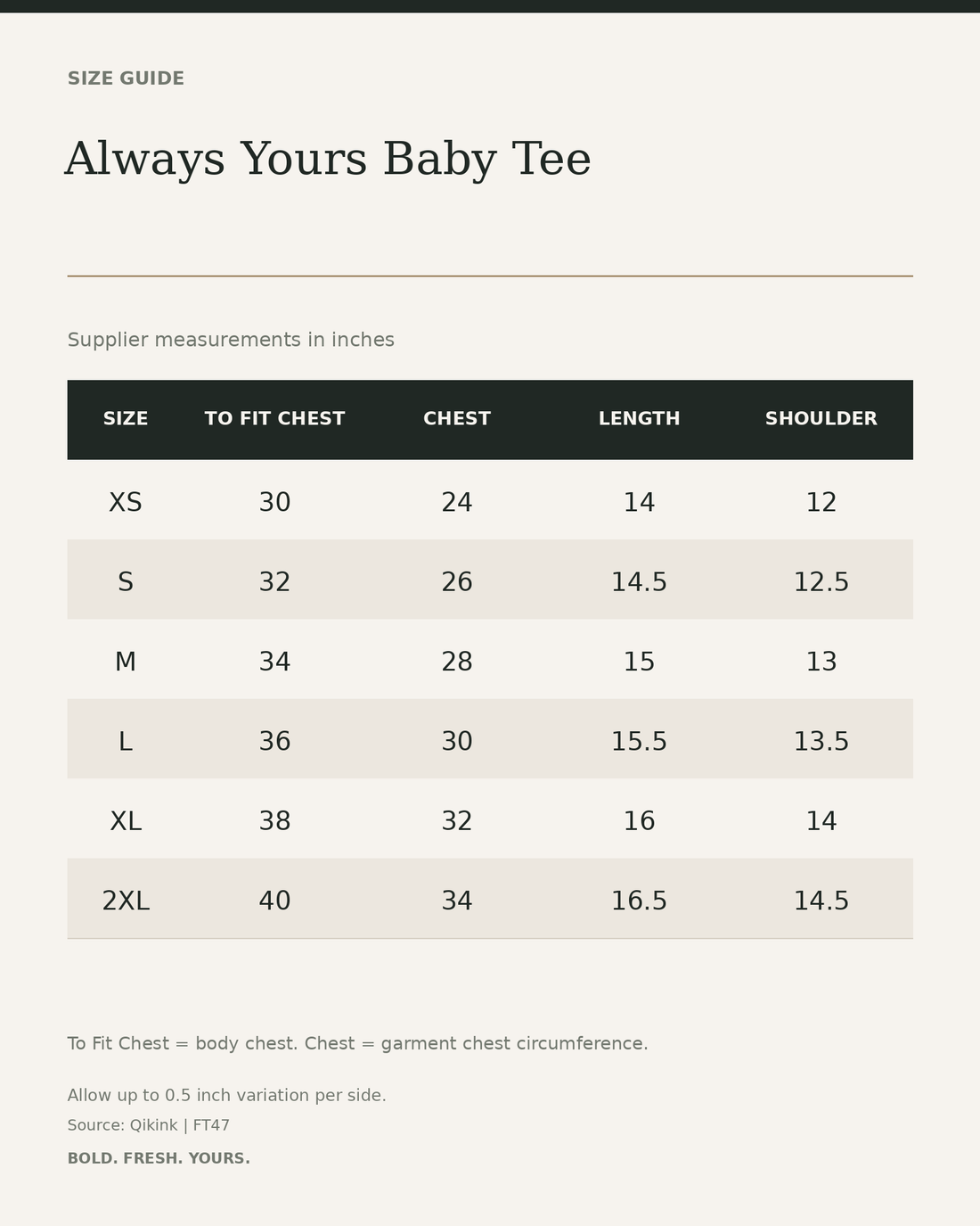 Always Yours Baby Tee — size guide in inches from official Qikink garment chart
