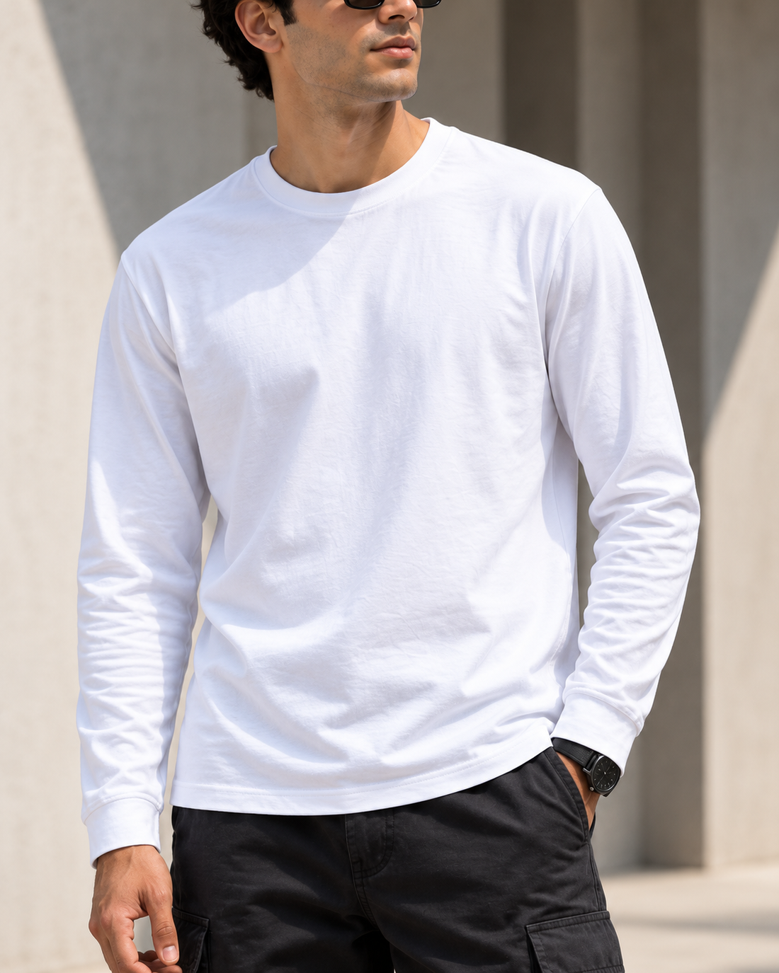 Men's Full Sleeve T-Shirt — neckline, fabric and garment construction close-up
