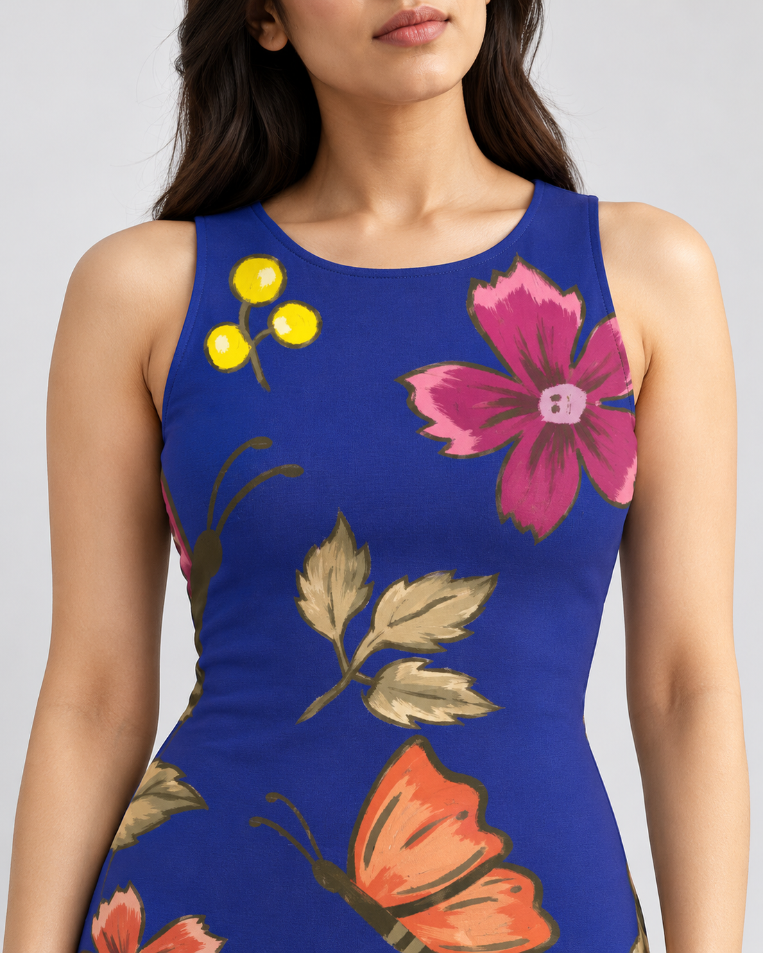 Butterfly Bliss Bodycon Dress — fabric and neckline detail