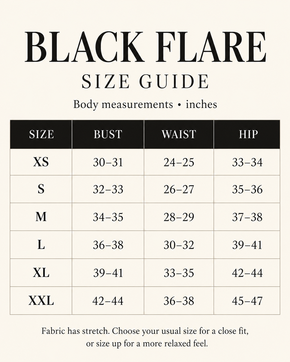 Black Flare size guide XS to XXL, body bust waist and hip measurements in inches