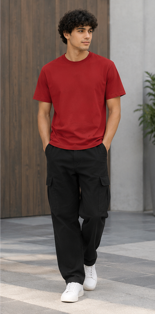 Classic Unisex Crew Neck T-Shirt red 100% cotton lifestyle photo