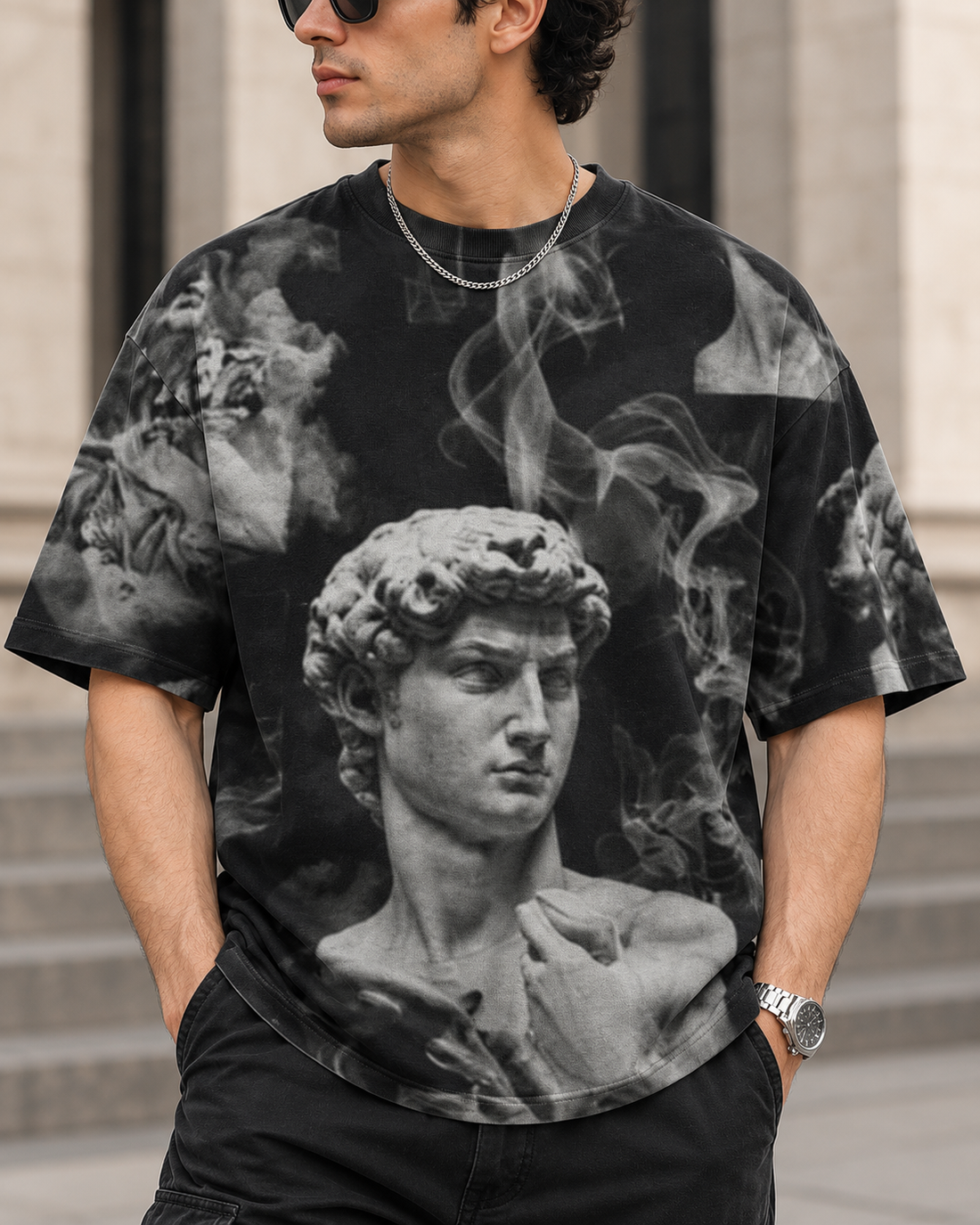 Dark Aesthetic Smoke All-Over Print Unisex Oversized T-Shirt – 240 GSM Heavyweight Streetwear — fabric, print and construction close-up