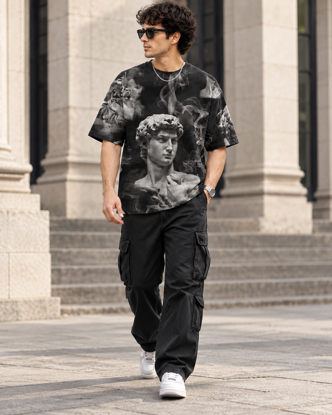 Dark Aesthetic Smoke All-Over Print Unisex Oversized T-Shirt – 240 GSM Heavyweight Streetwear — walk lifestyle photo