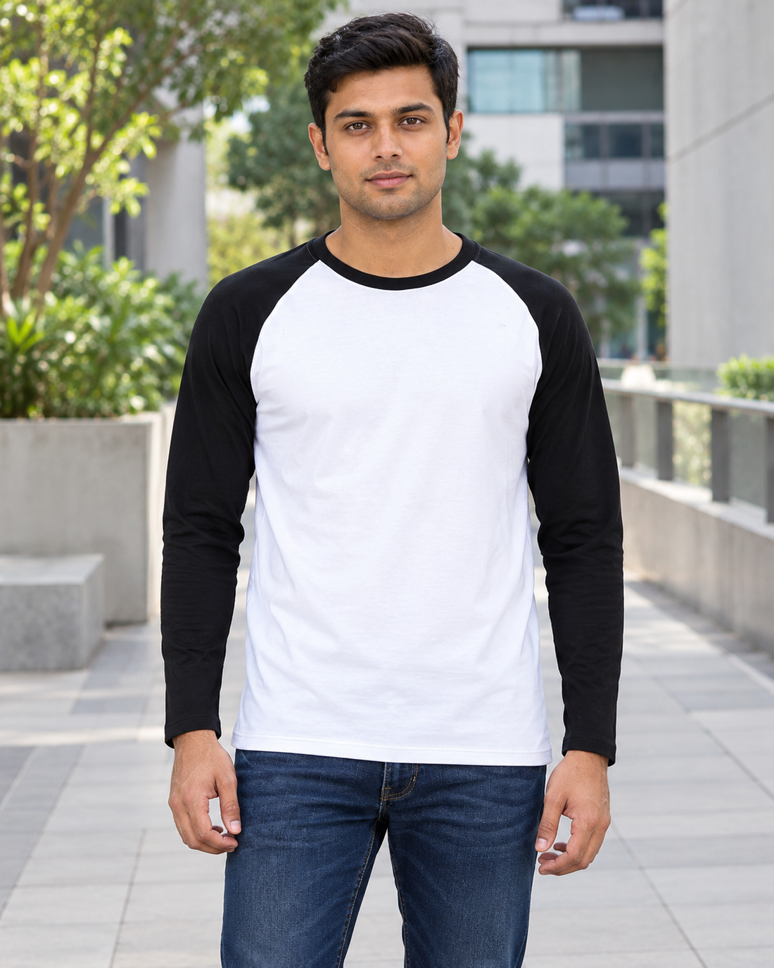 Edge Flow Raglan T-Shirt — white body and black sleeves lifestyle