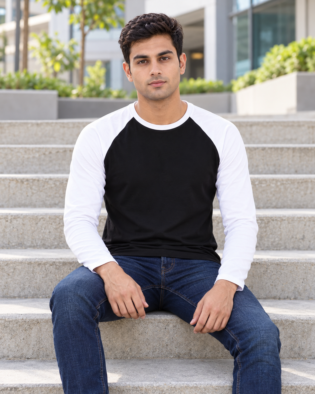 Edge Flow Raglan T-Shirt — black and white seated lifestyle