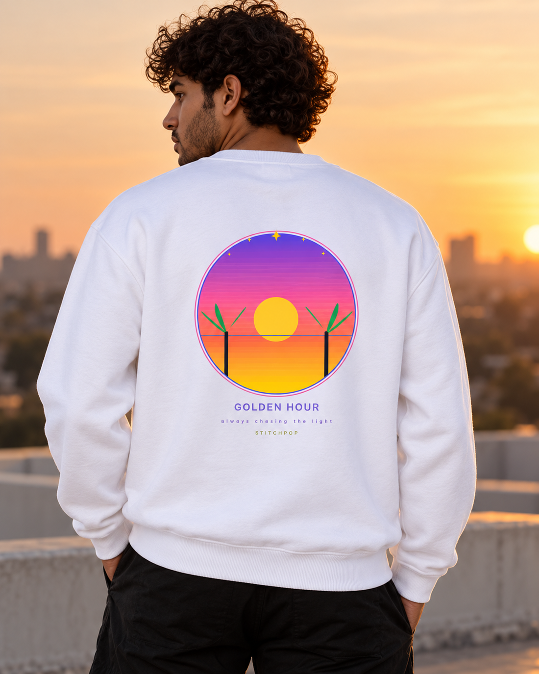 Golden Hour Fleece Sweatshirt — back lifestyle with original artwork and correct text