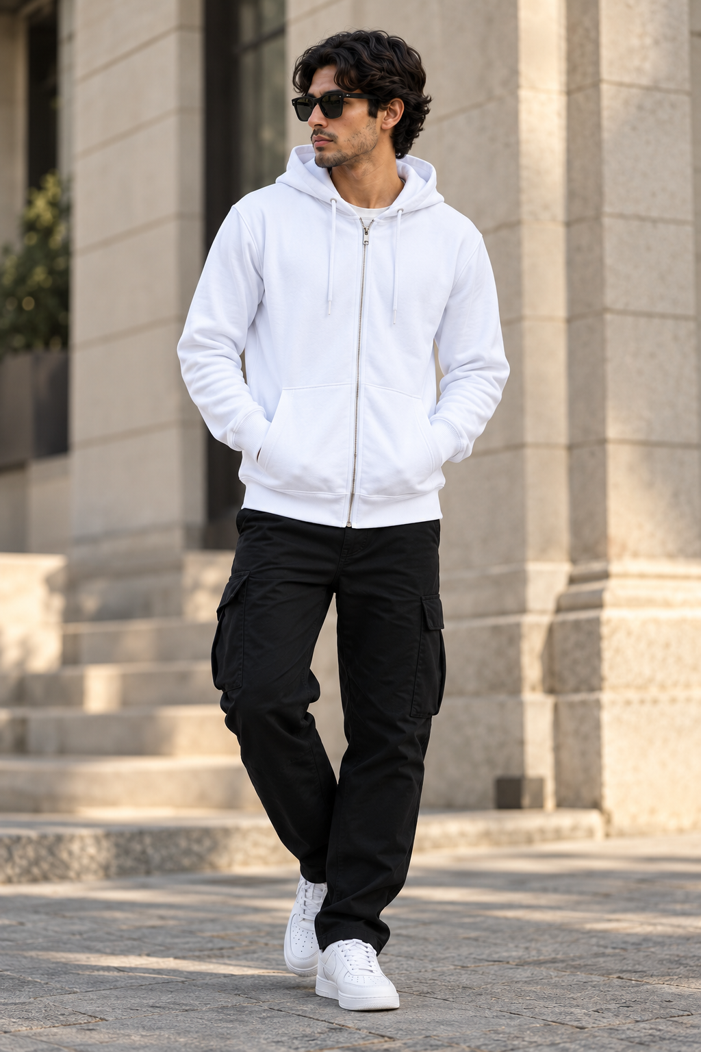 The Loop Zip white hoodie lifestyle front view