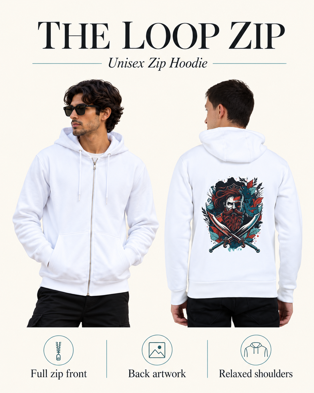 The Loop Zip Hoodie — full zip and back artwork guide