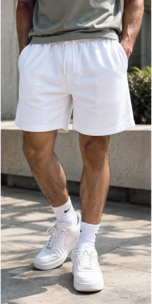 Men's white relaxed terry shorts lifestyle