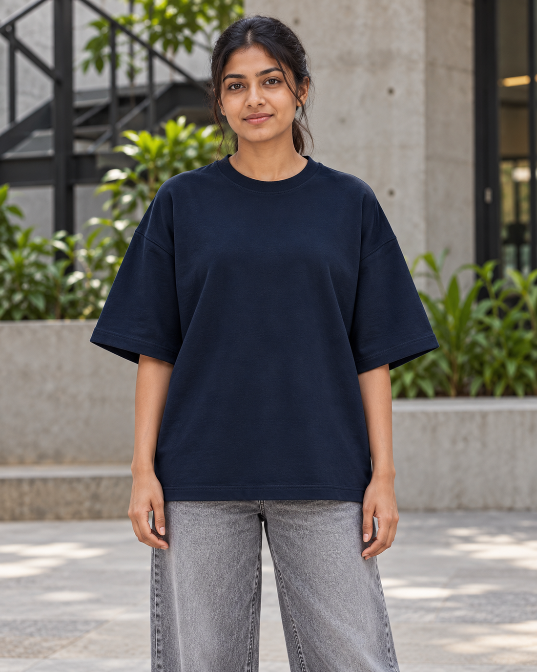 Plugged Freedom – Oversized Terry Tee — plain front female lifestyle