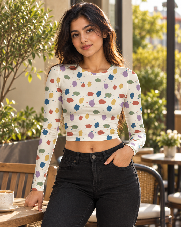 Abstract Print Full Sleeve Crop Top | Women's Stretch Top