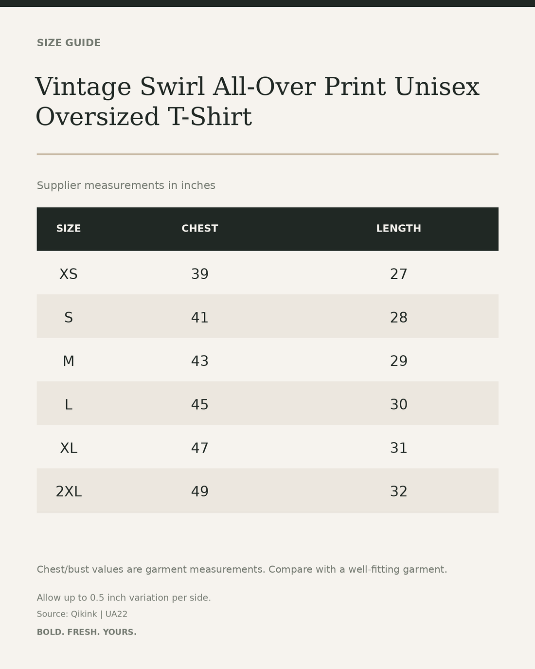 Vintage Swirl All-Over Print Unisex Oversized T-Shirt – 240 GSM Heavyweight Streetwear — size guide in inches from official Qikink garment chart