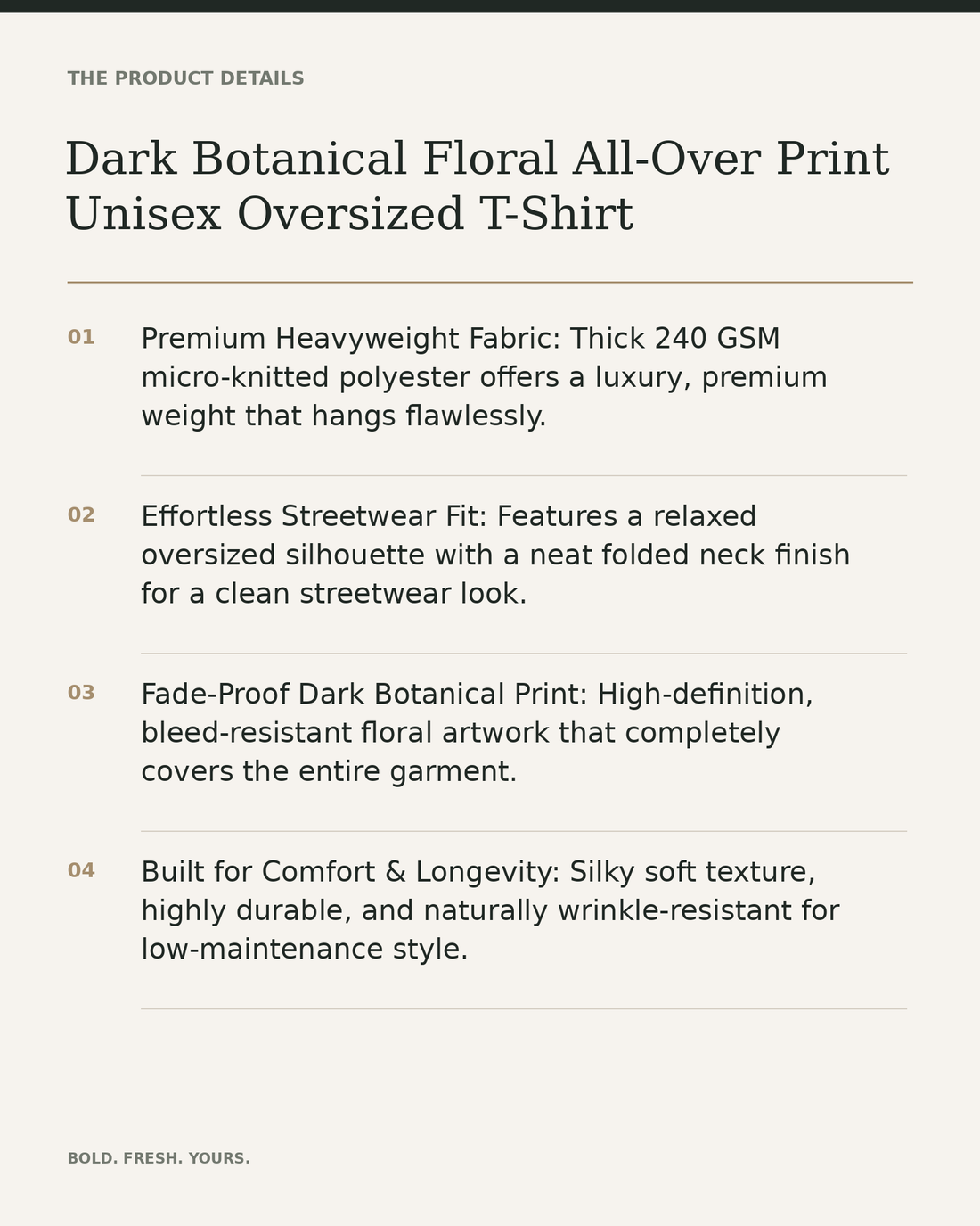 Dark Botanical Floral All-Over Print Unisex Oversized T-Shirt – 240 GSM Heavyweight Streetwear — product details, fabric, fit and care