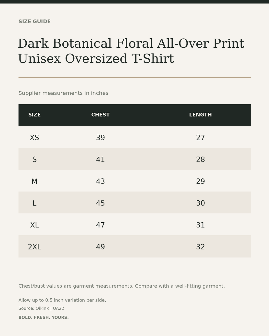 Dark Botanical Floral All-Over Print Unisex Oversized T-Shirt – 240 GSM Heavyweight Streetwear — size guide in inches from official Qikink garment chart