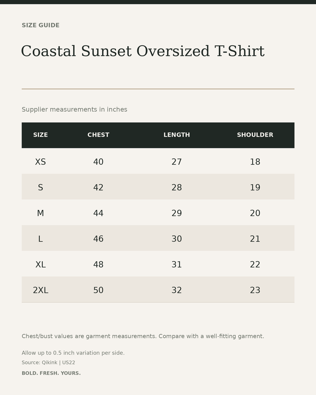 Coastal Sunset Oversized T-Shirt – Beach Lighthouse Back Print — size guide in inches from official Qikink garment chart