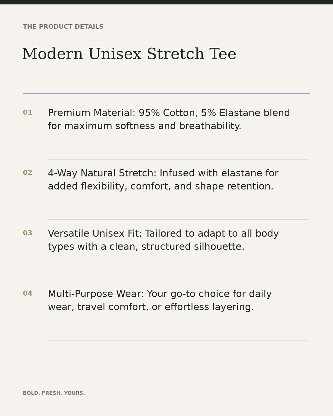 Modern Unisex Stretch Tee – Sharp Fit Minimalist T-Shirt — product details, fabric, fit and care