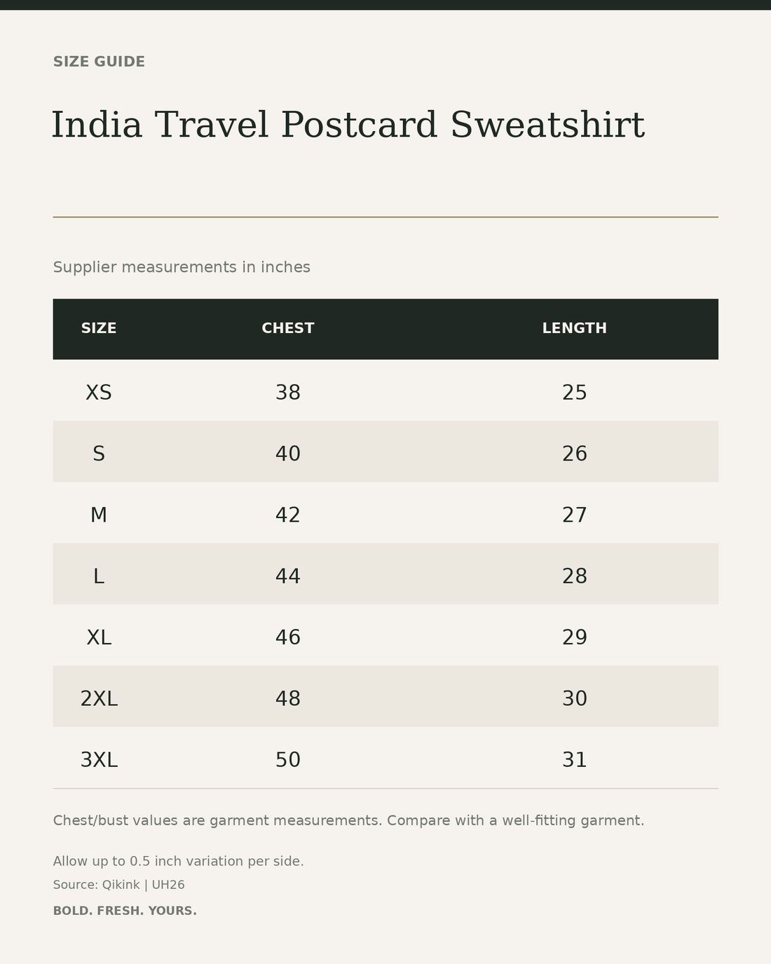 India Travel Postcard Sweatshirt – Retro Graphic Unisex Streetwear — size guide in inches from official Qikink garment chart