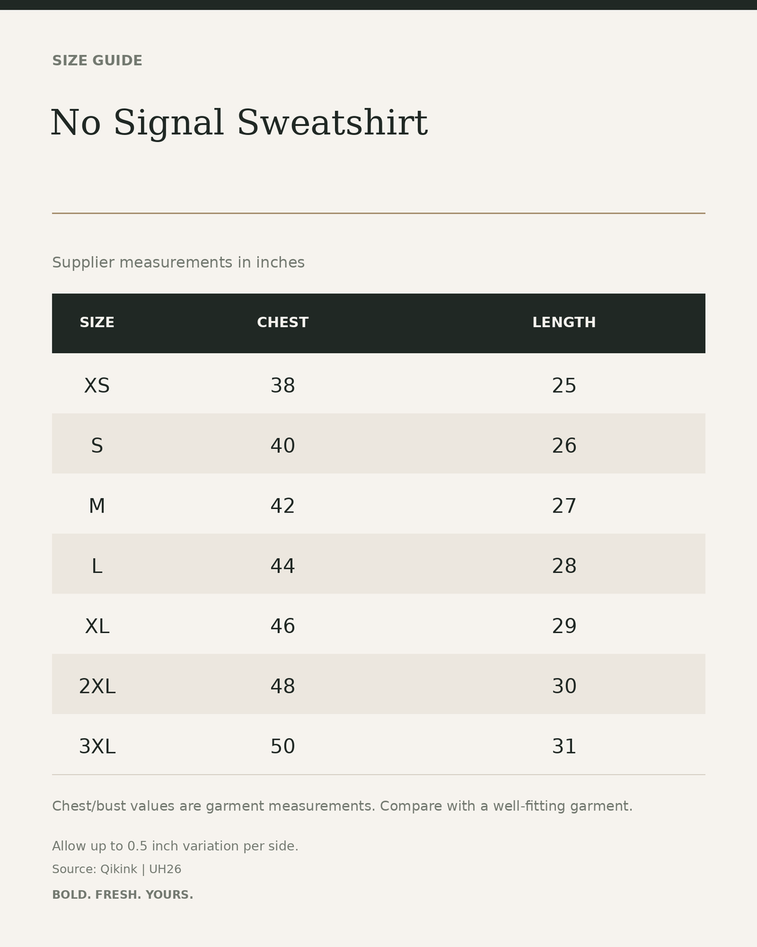 No Signal Sweatshirt – Chill Panda Graphic Unisex Streetwear — size guide in inches from official Qikink garment chart