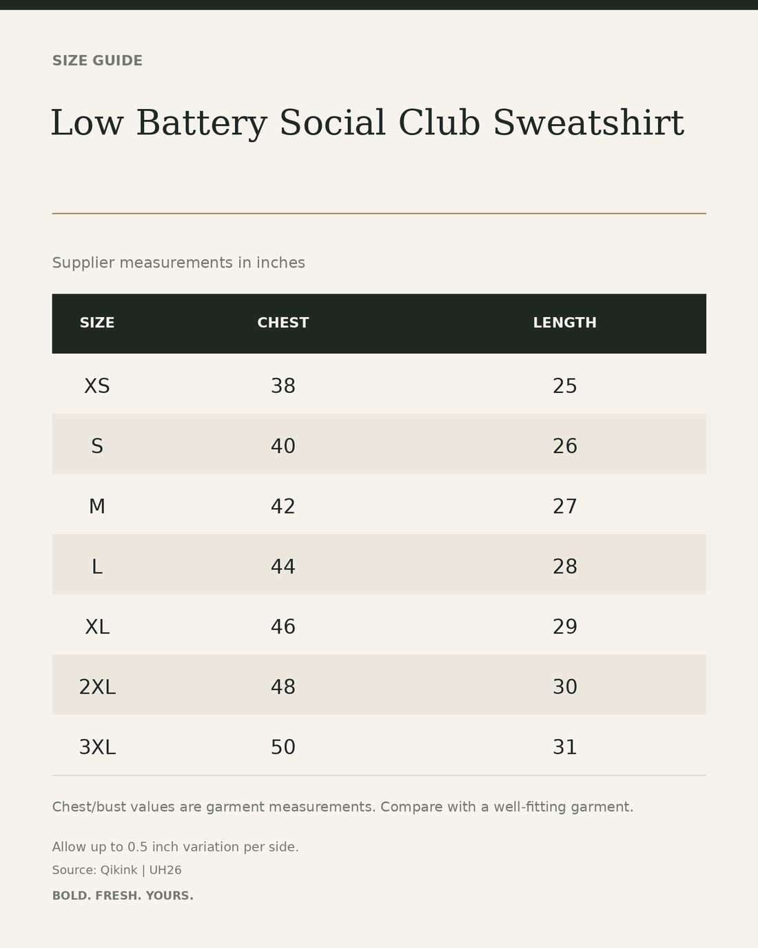 Low Battery Social Club Sweatshirt – Sleepy Dog Graphic Unisex — size guide in inches from official Qikink garment chart