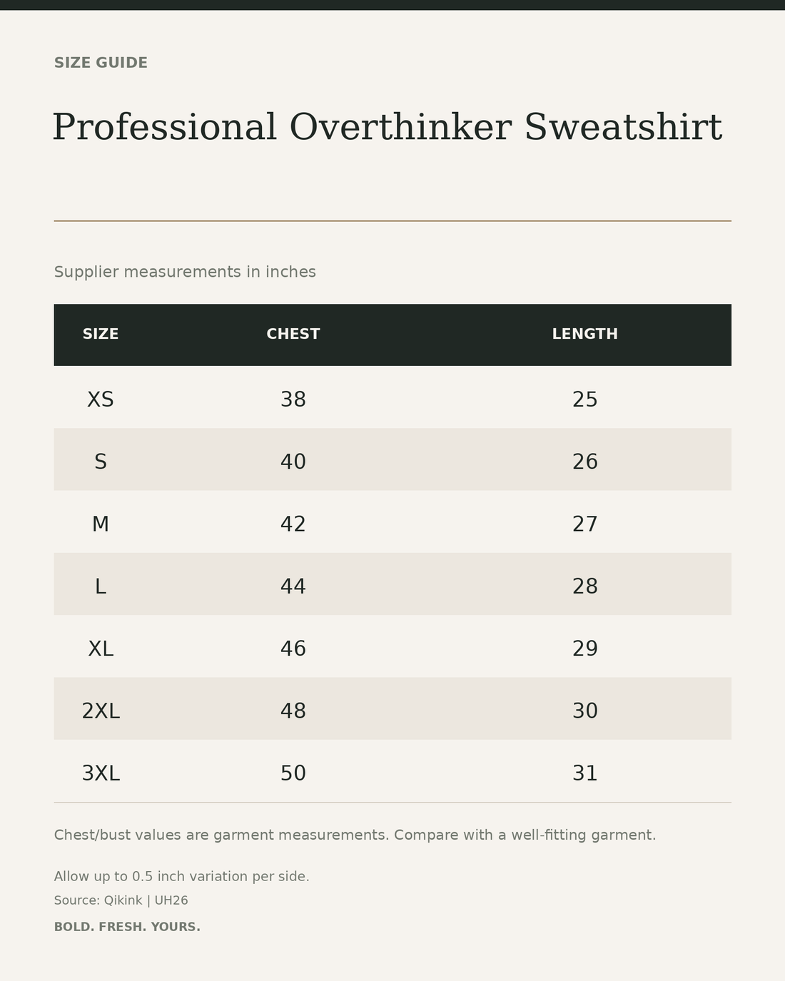 Professional Overthinker Sweatshirt – Bear Graphic Unisex Streetwear — size guide in inches from official Qikink garment chart