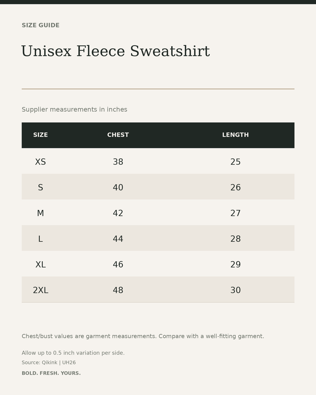 Unisex Fleece Sweatshirt — size guide in inches from official Qikink garment chart