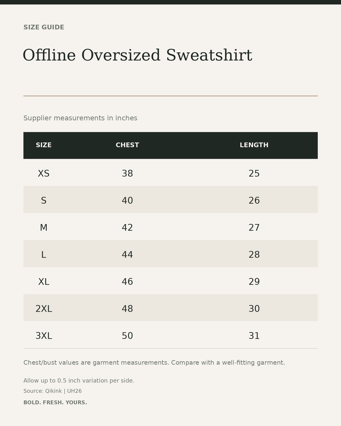 Offline Oversized Sweatshirt – Graphic Print Unisex Streetwear — size guide in inches from official Qikink garment chart