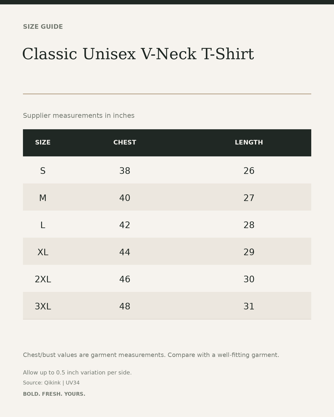 Classic Unisex V-Neck T-Shirt – Ultra-Soft Everyday Casual Tee — size guide in inches from official Qikink garment chart