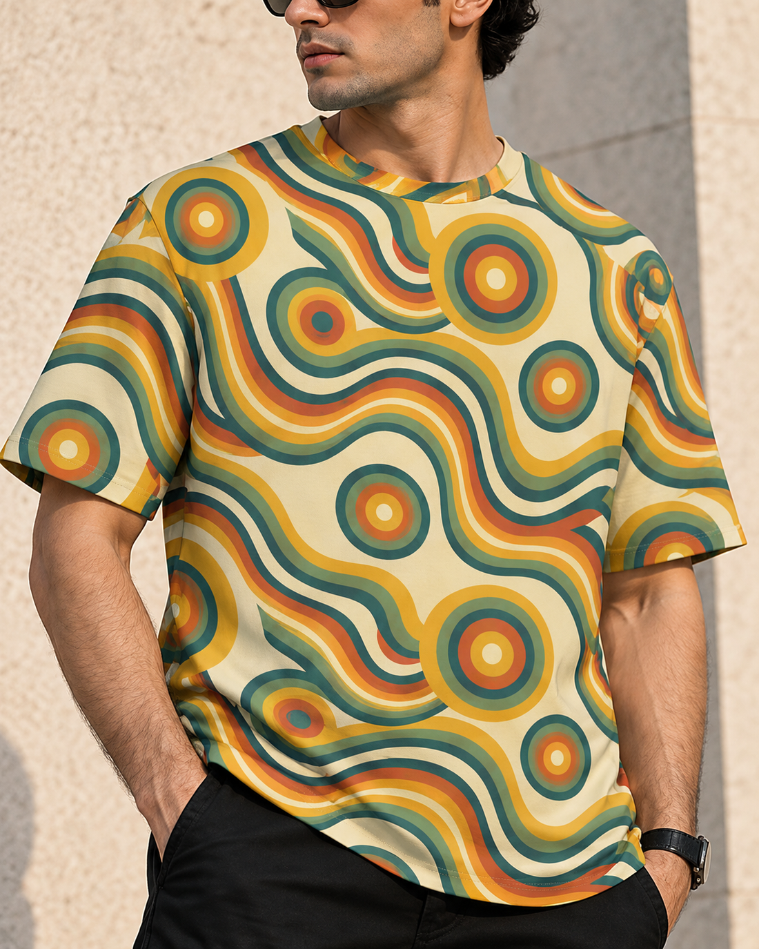 Vintage Swirl All-Over Print Unisex Oversized T-Shirt – 240 GSM Heavyweight Streetwear — fabric, print and construction close-up