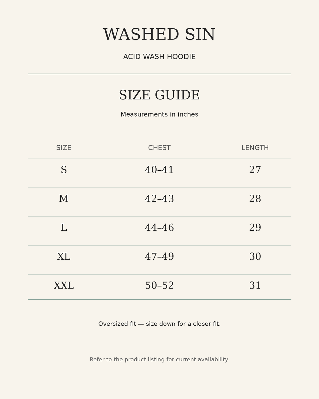 Washed Sin Unisex Acid Wash Hoodie — size guide in inches