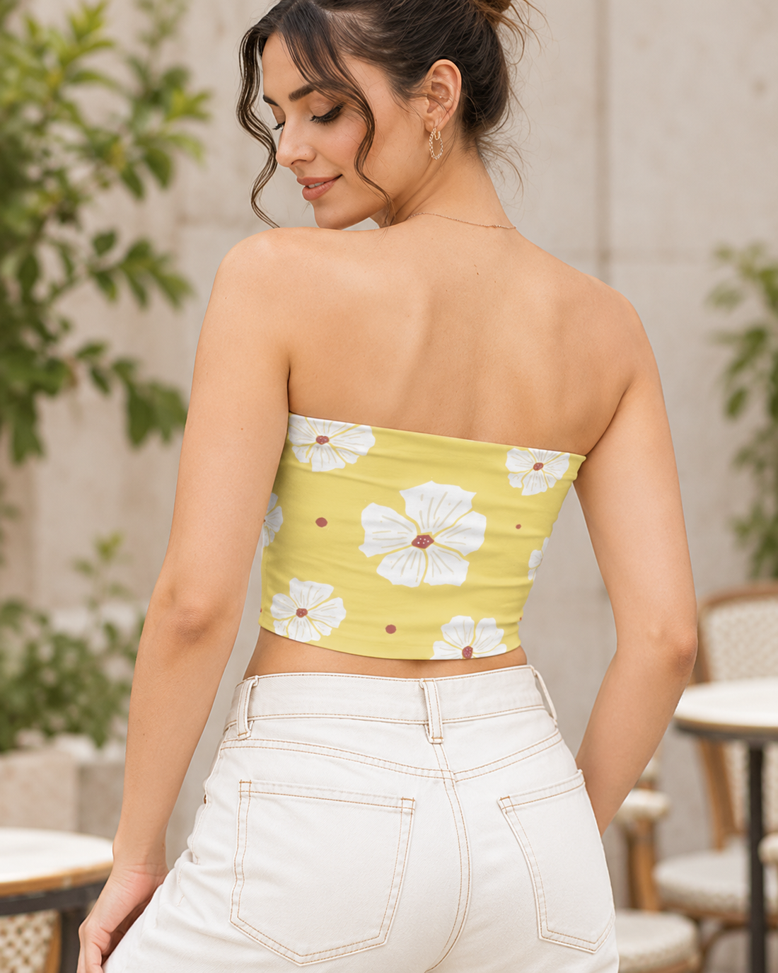 Yellow Tube Top for Women | White Flower Petal Print | Strapless Crop Top | Casual Summer Outfit — back lifestyle photo