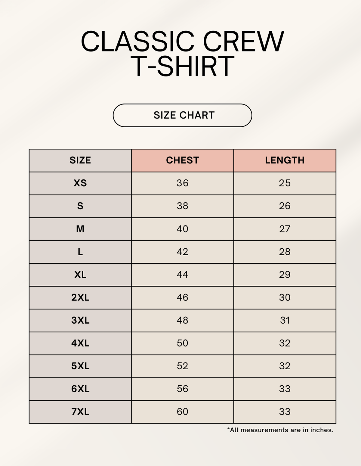 Product size chart