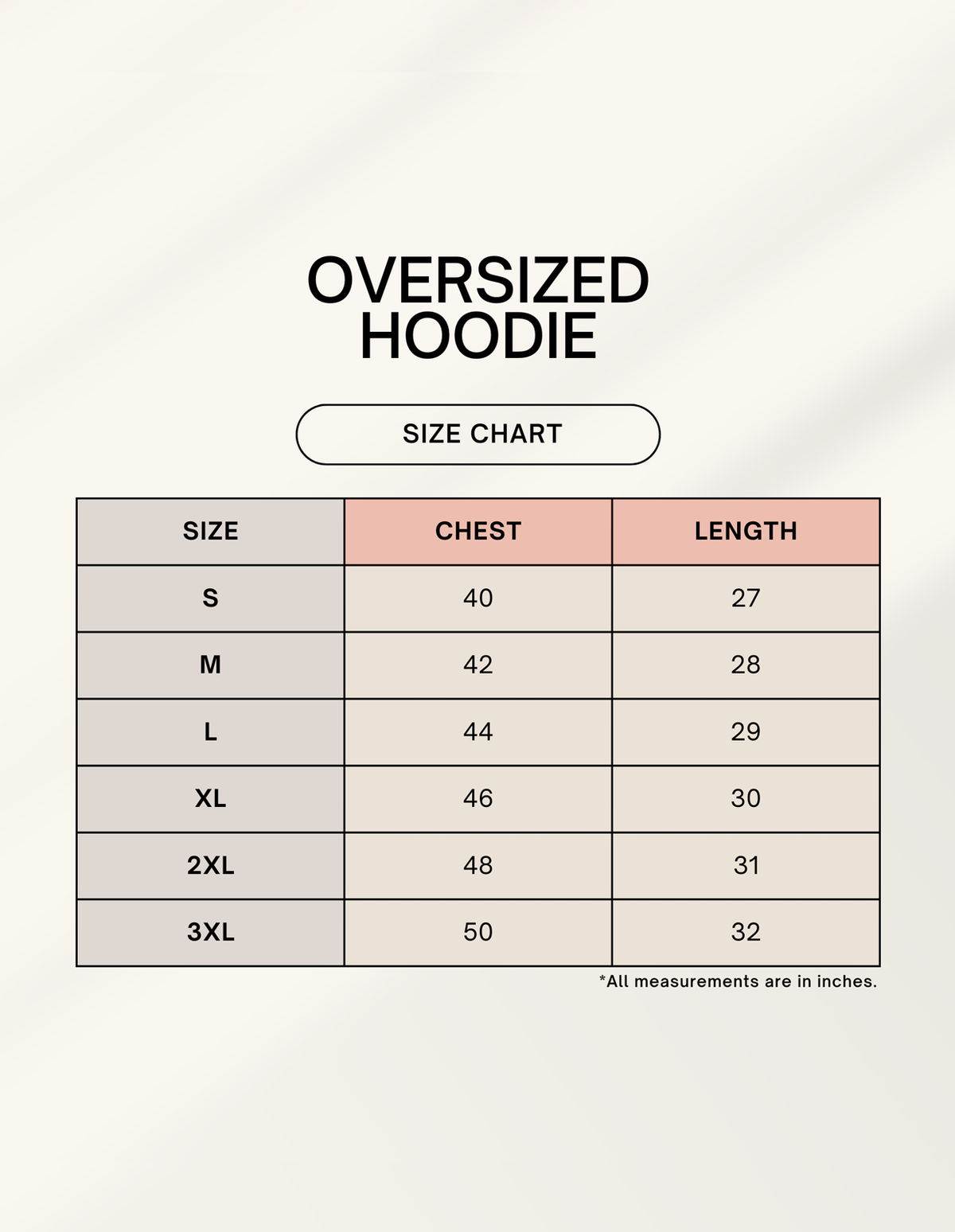 Product size chart