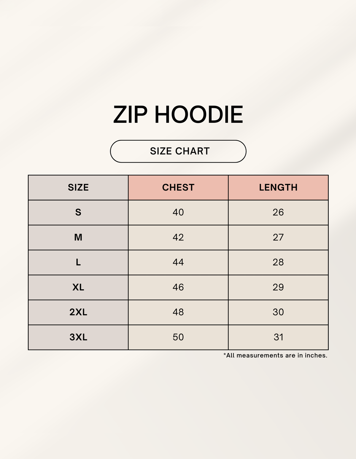 Product size chart