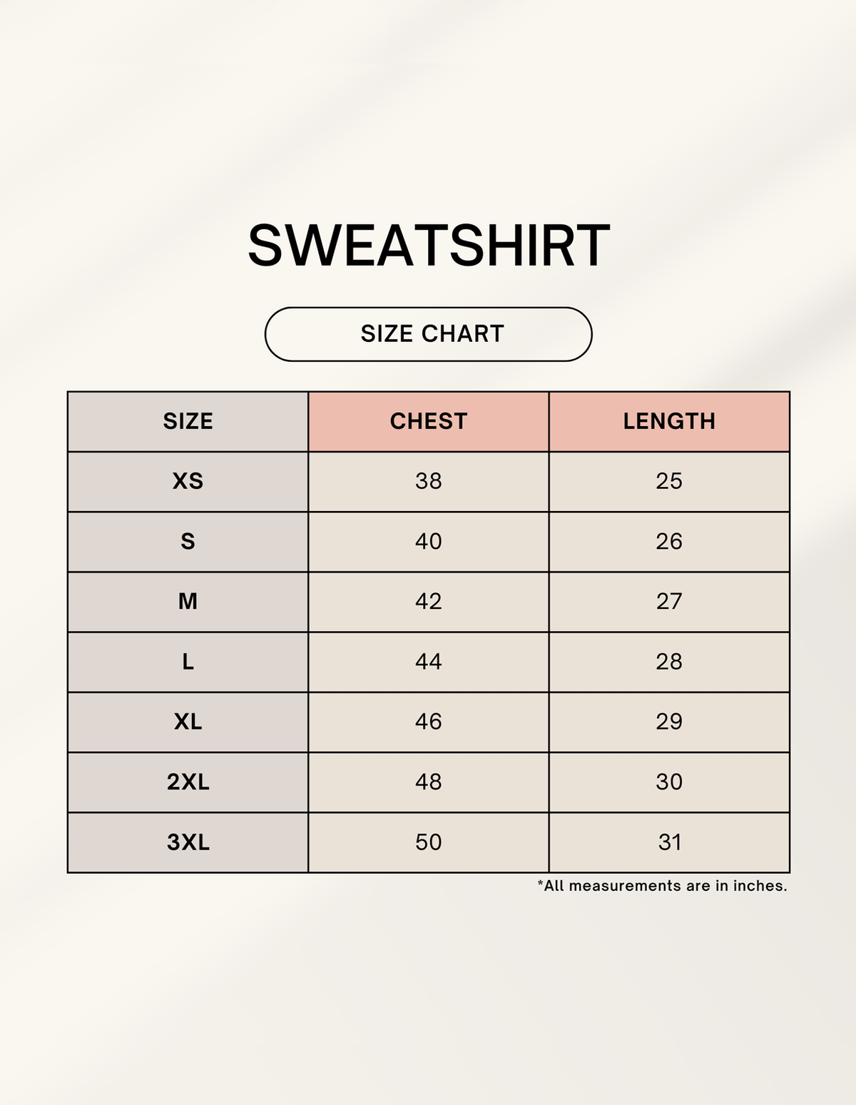 Product size chart
