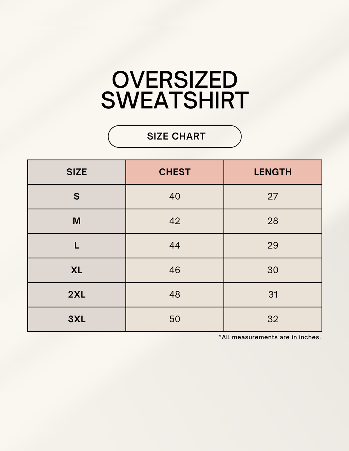 Product size chart