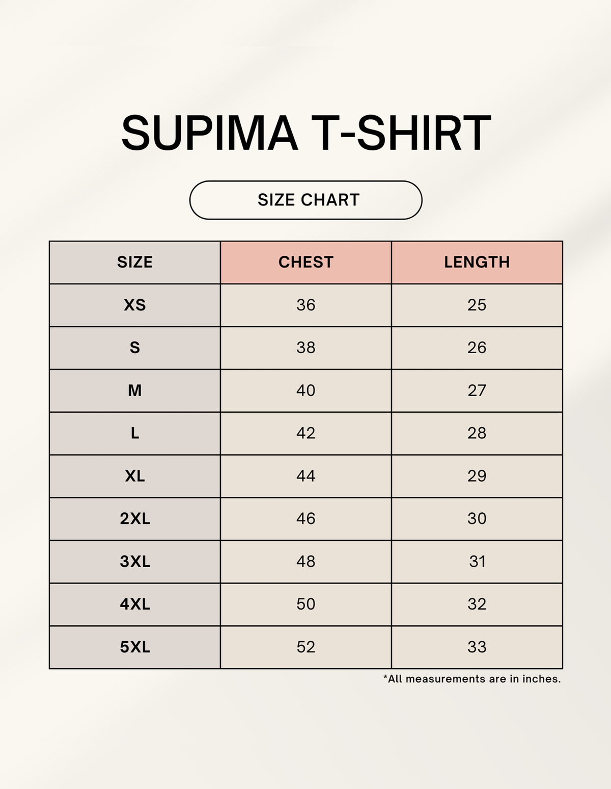 Product size chart