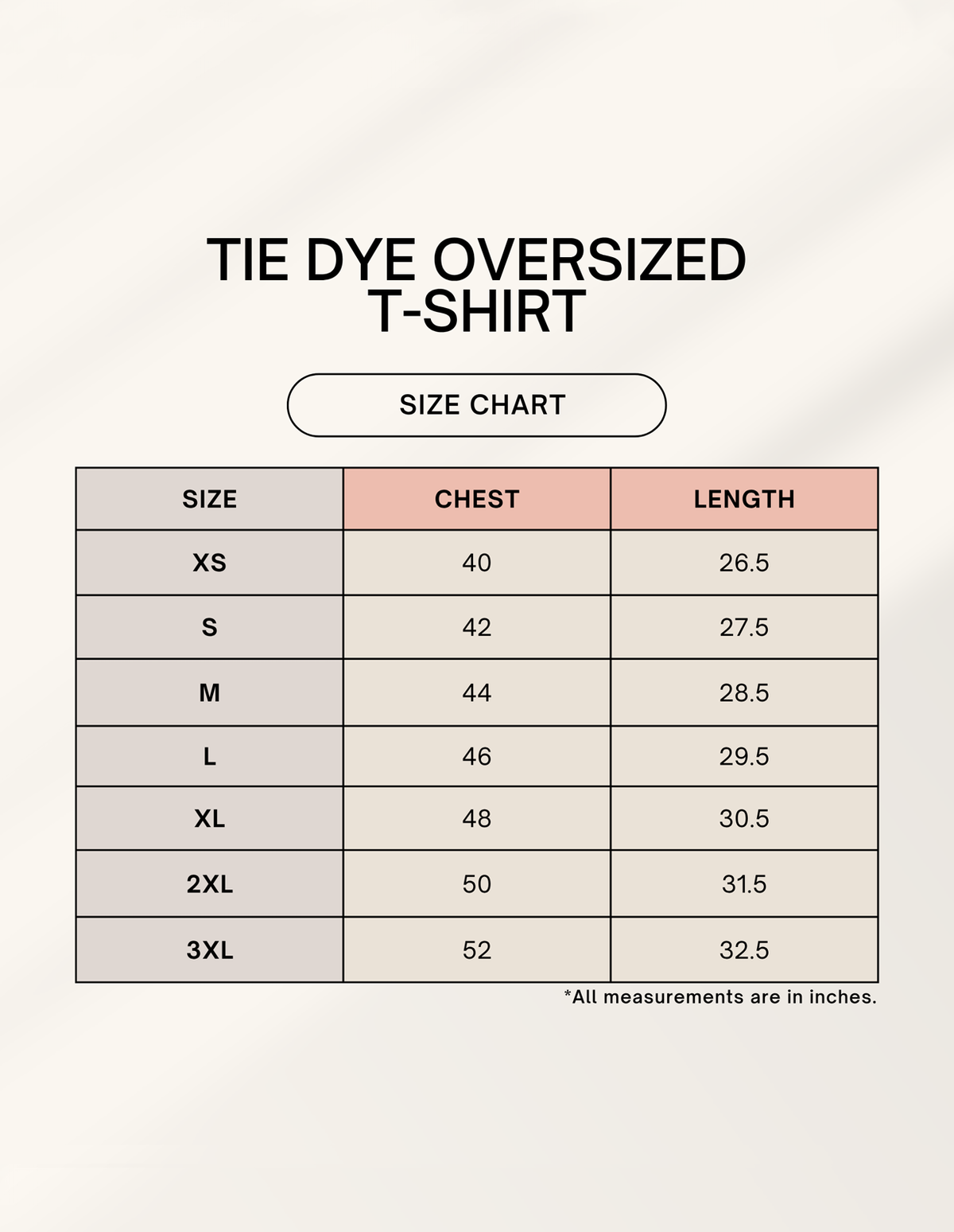 Product size chart